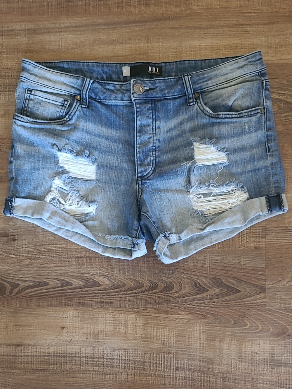 Kut from the Kloth Medium Blue Distressed Rolled-Hem Denim Shorts